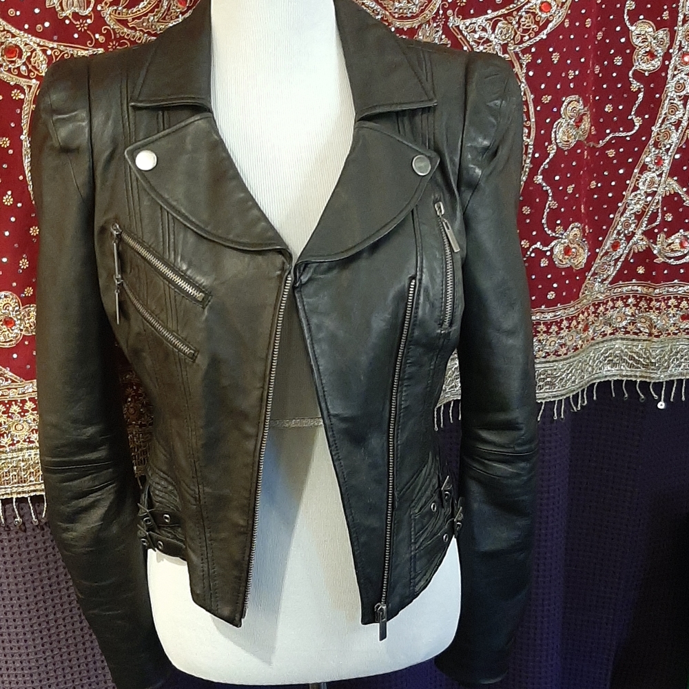 Womens black leather moto style jacket